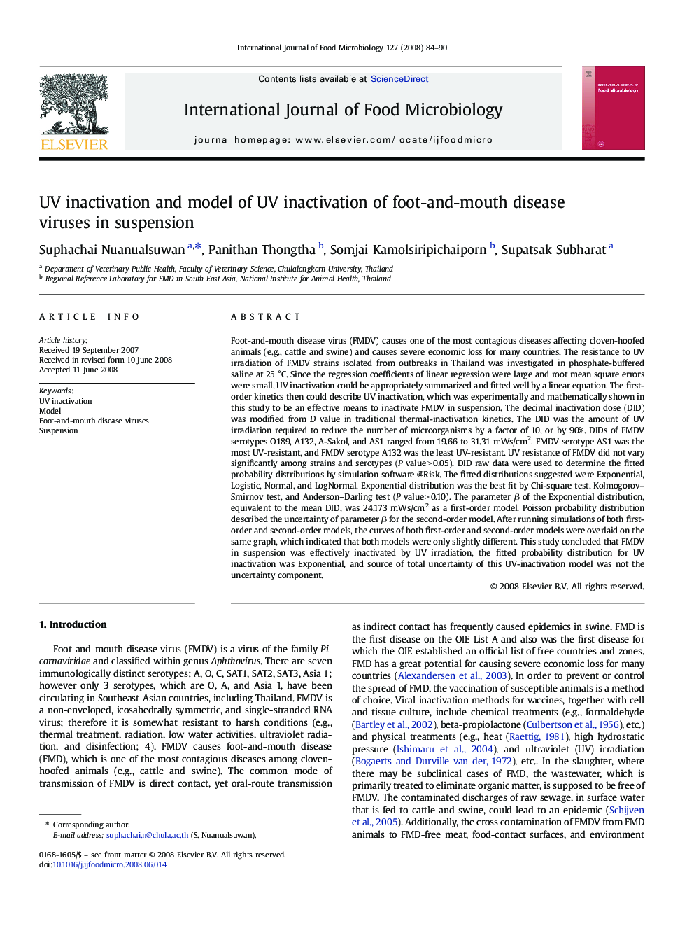 UV inactivation and model of UV inactivation of foot-and-mouth disease viruses in suspension