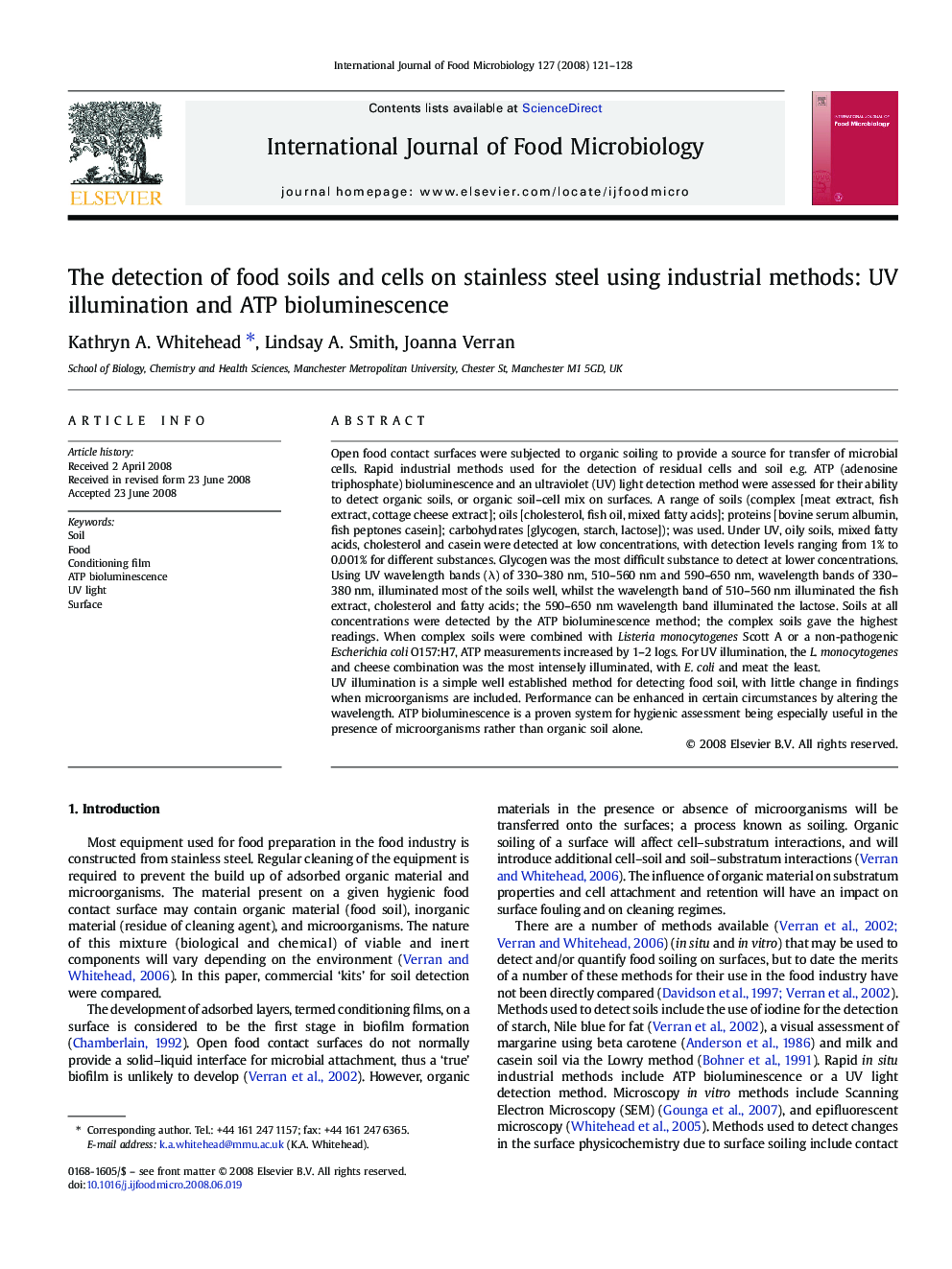 The detection of food soils and cells on stainless steel using industrial methods: UV illumination and ATP bioluminescence