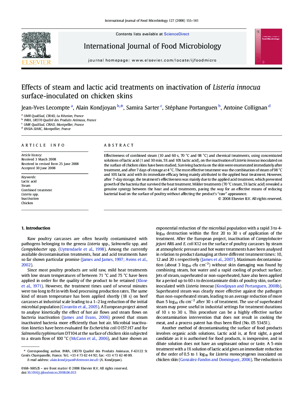 Effects of steam and lactic acid treatments on inactivation of Listeria innocua surface-inoculated on chicken skins