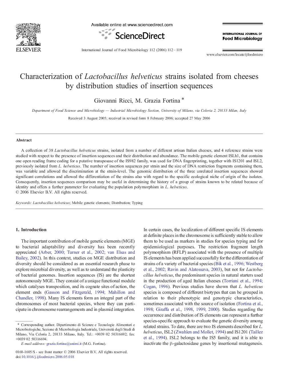 Characterization of Lactobacillus helveticus strains isolated from cheeses by distribution studies of insertion sequences