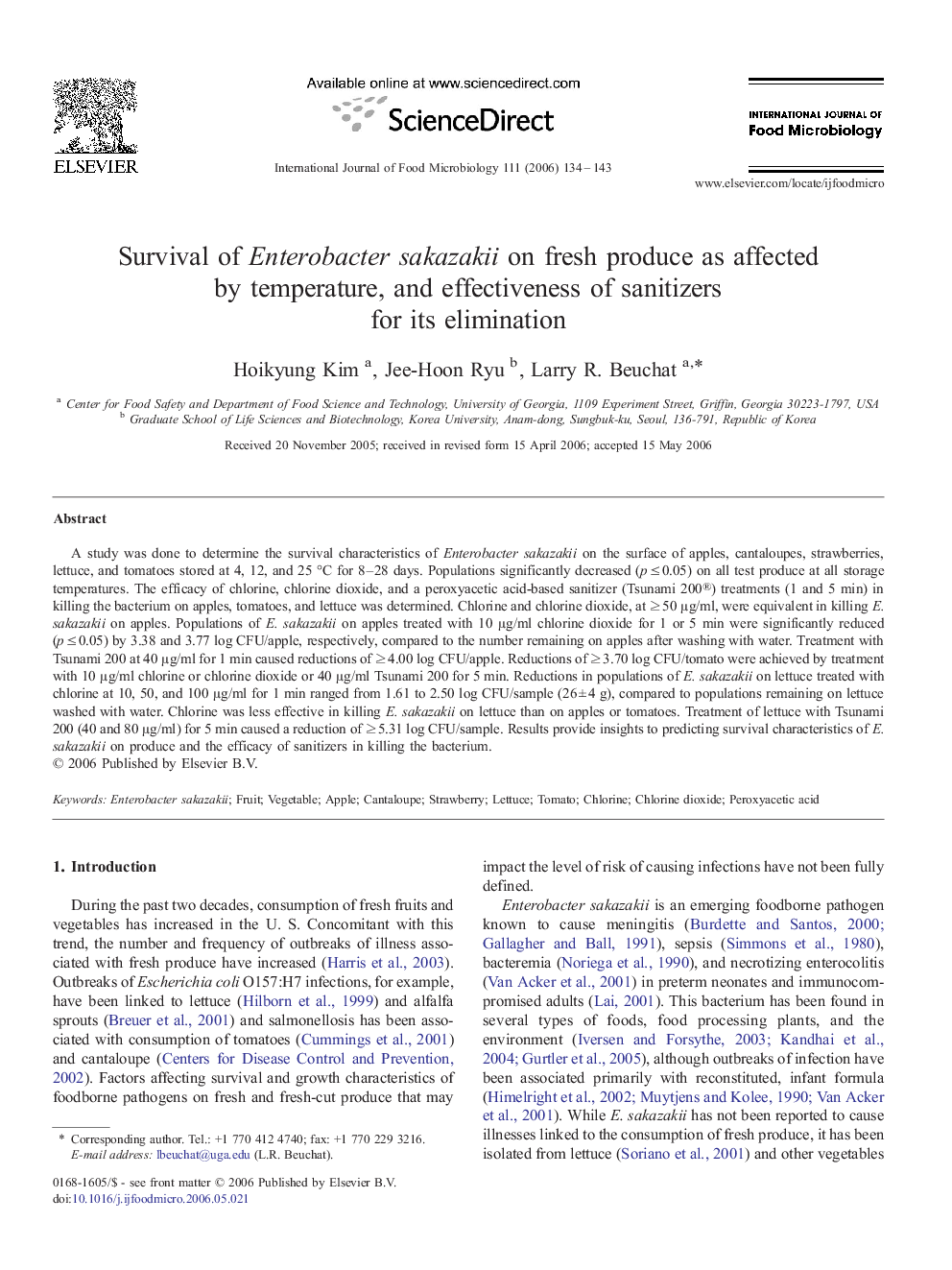 Survival of Enterobacter sakazakii on fresh produce as affected by temperature, and effectiveness of sanitizers for its elimination