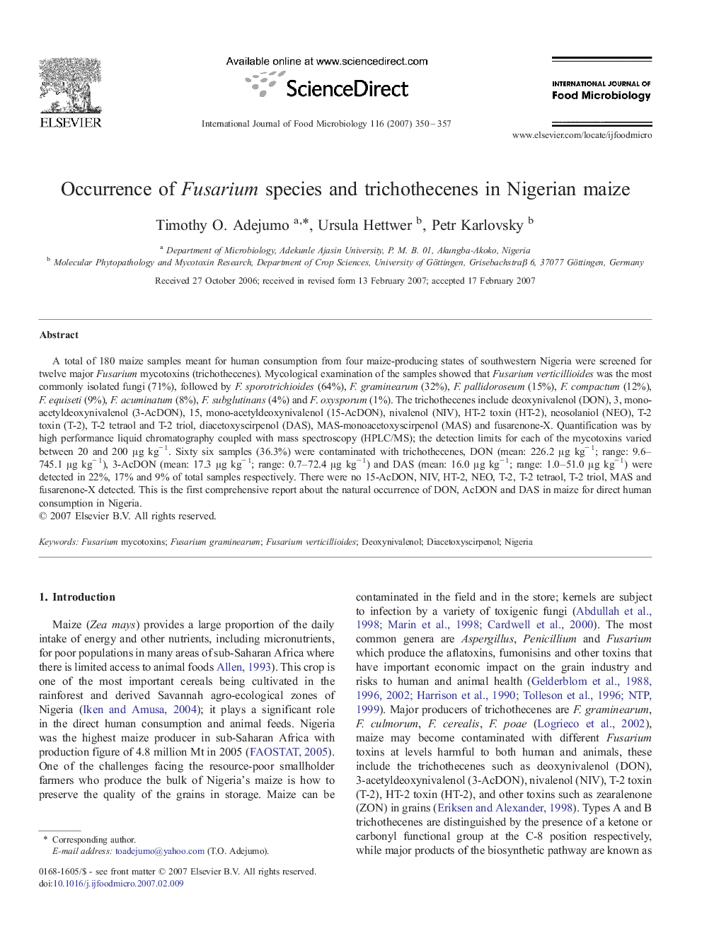 Occurrence of Fusarium species and trichothecenes in Nigerian maize