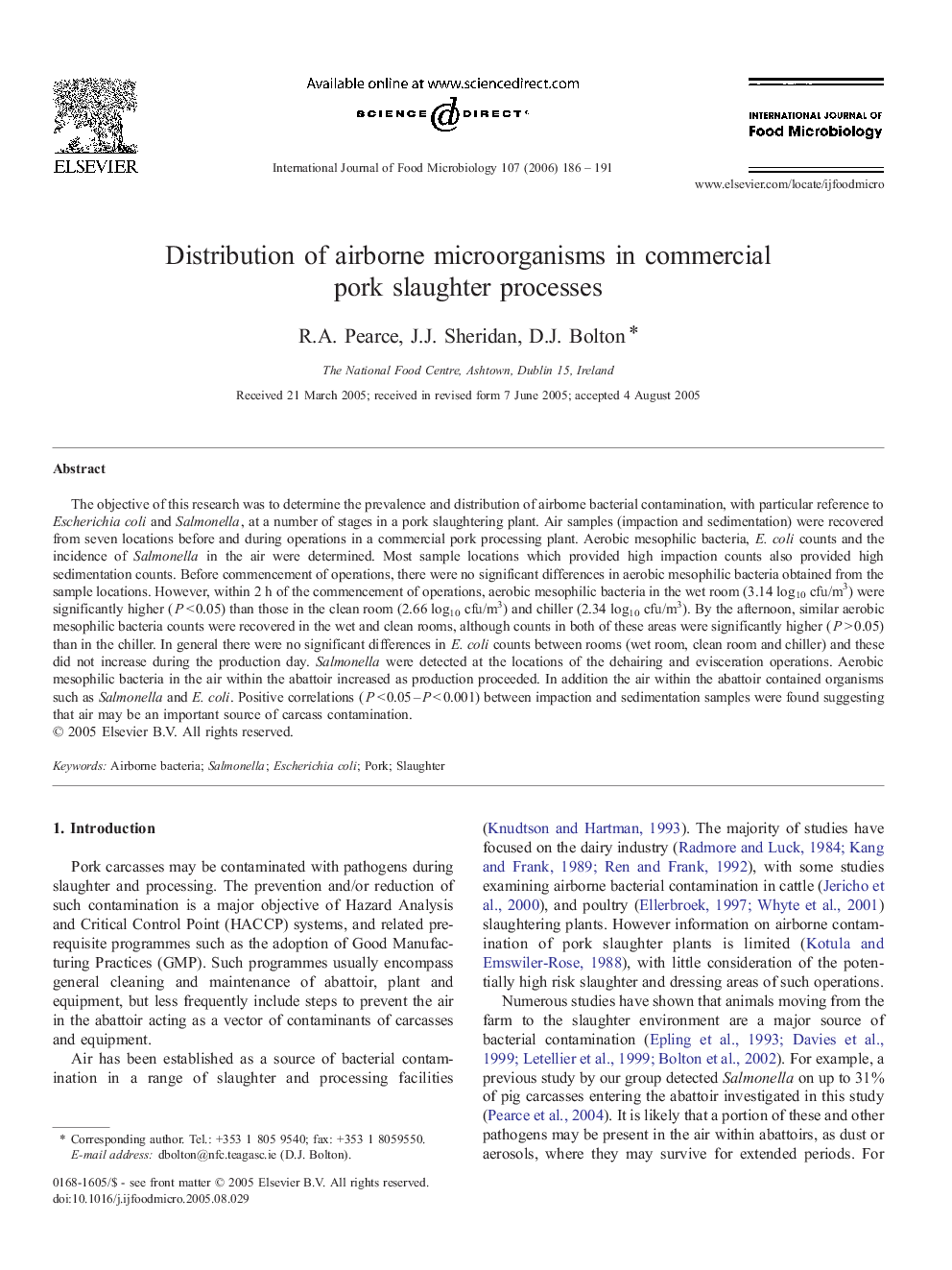 Distribution of airborne microorganisms in commercial pork slaughter processes