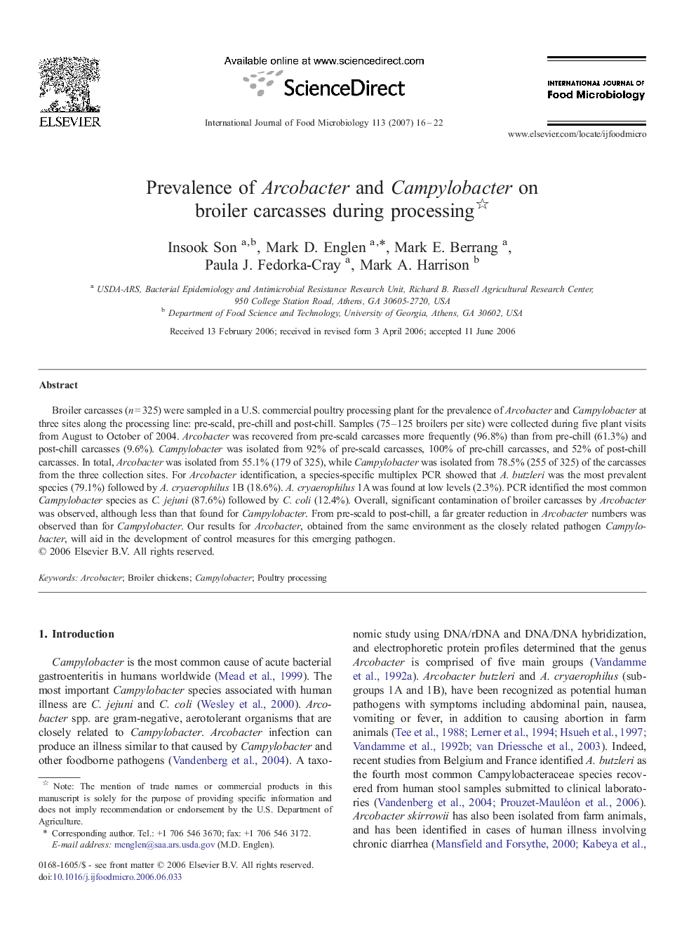 Prevalence of Arcobacter and Campylobacter on broiler carcasses during processing