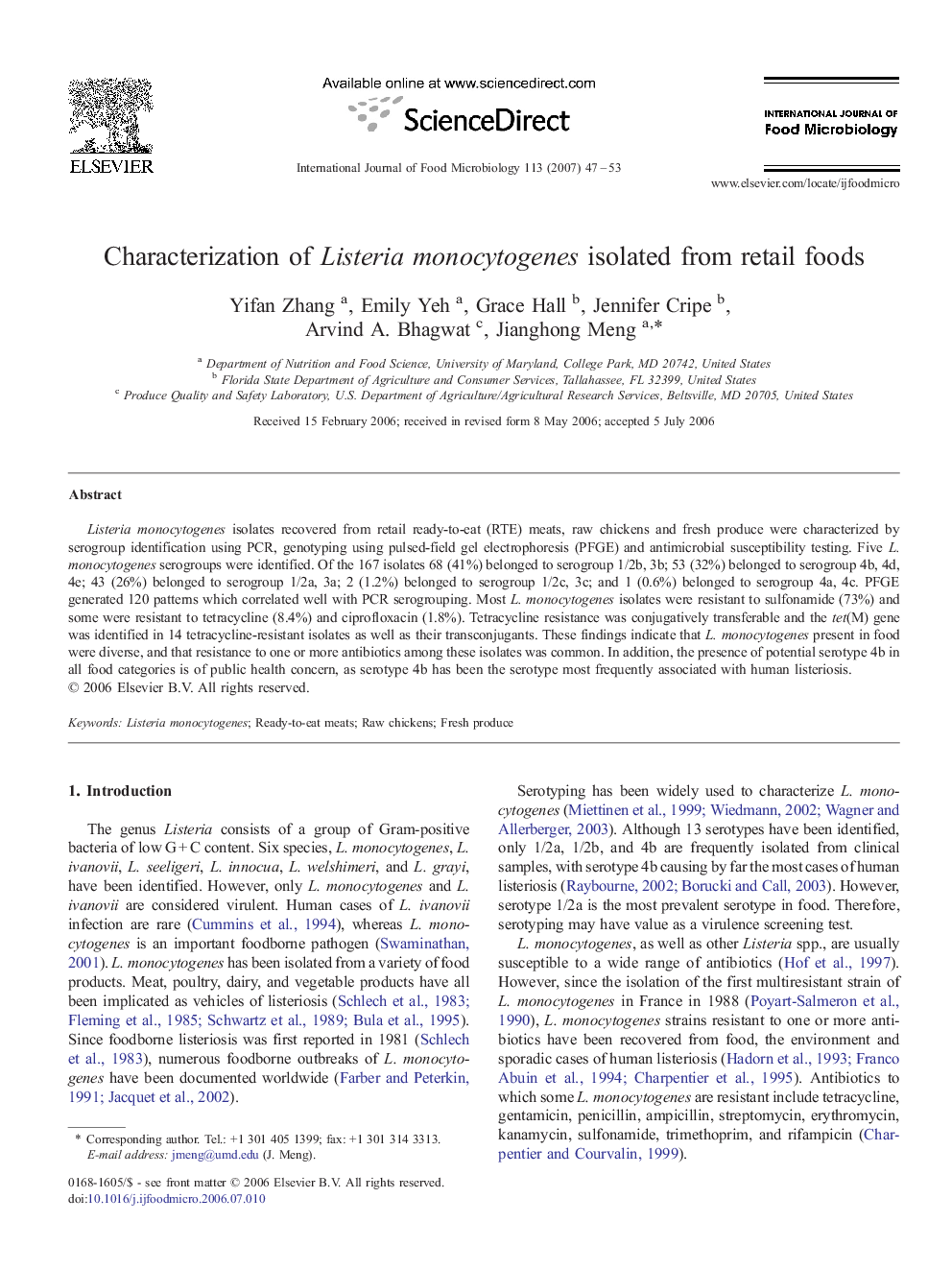 Characterization of Listeria monocytogenes isolated from retail foods