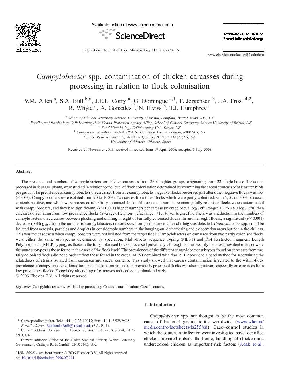 Campylobacter spp. contamination of chicken carcasses during processing in relation to flock colonisation