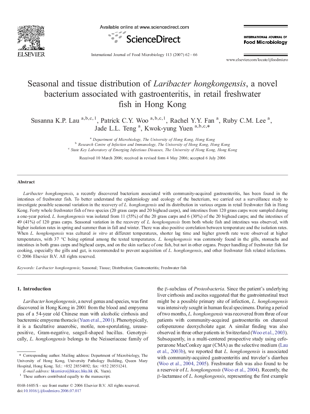 Seasonal and tissue distribution of Laribacter hongkongensis, a novel bacterium associated with gastroenteritis, in retail freshwater fish in Hong Kong