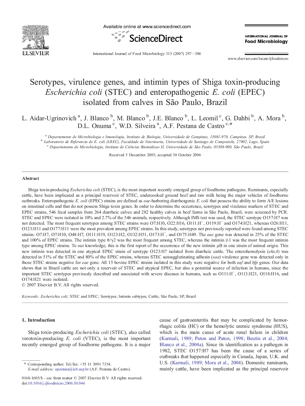 Serotypes, virulence genes, and intimin types of Shiga toxin-producing Escherichia coli (STEC) and enteropathogenic E. coli (EPEC) isolated from calves in São Paulo, Brazil