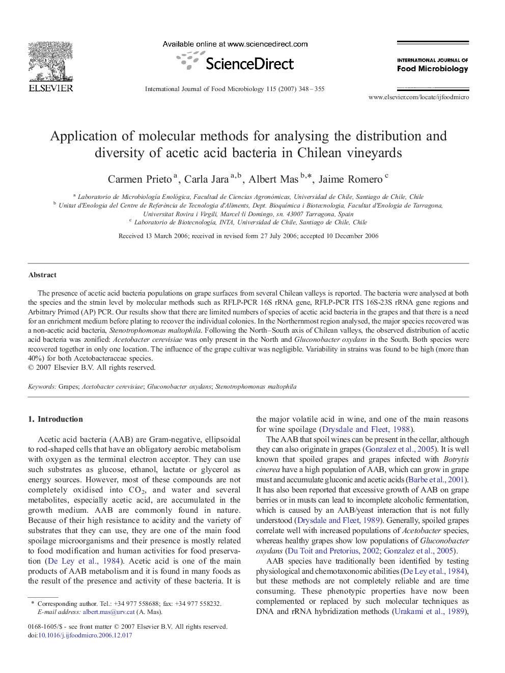 Application of molecular methods for analysing the distribution and diversity of acetic acid bacteria in Chilean vineyards