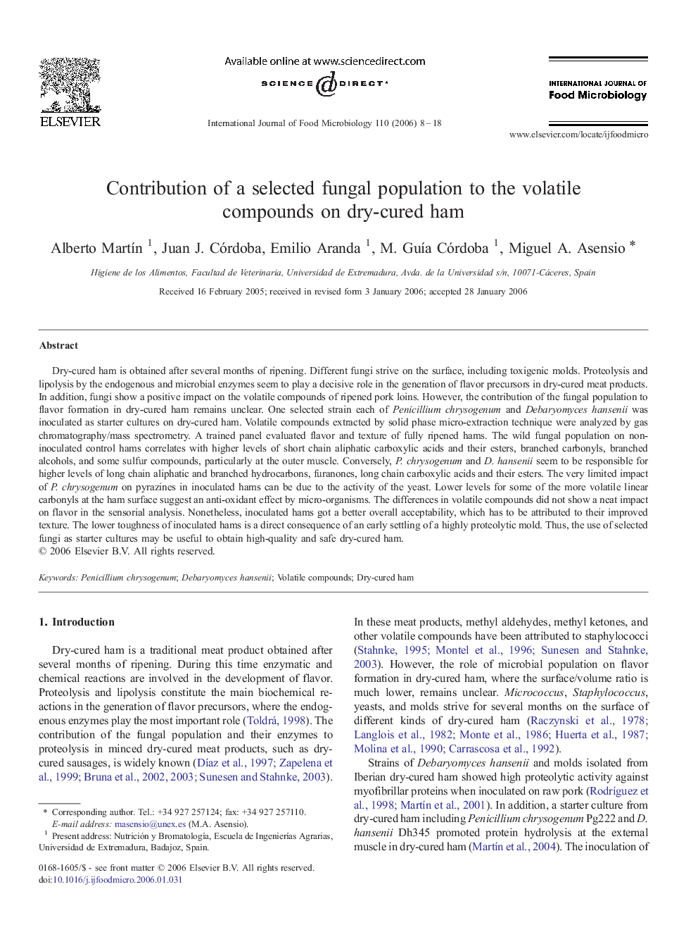 Contribution of a selected fungal population to the volatile compounds on dry-cured ham