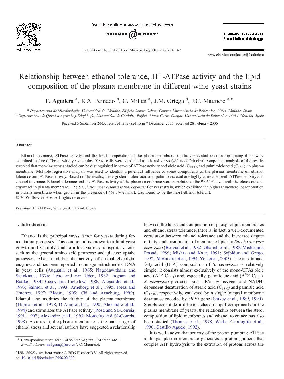 Relationship between ethanol tolerance, H+-ATPase activity and the lipid composition of the plasma membrane in different wine yeast strains
