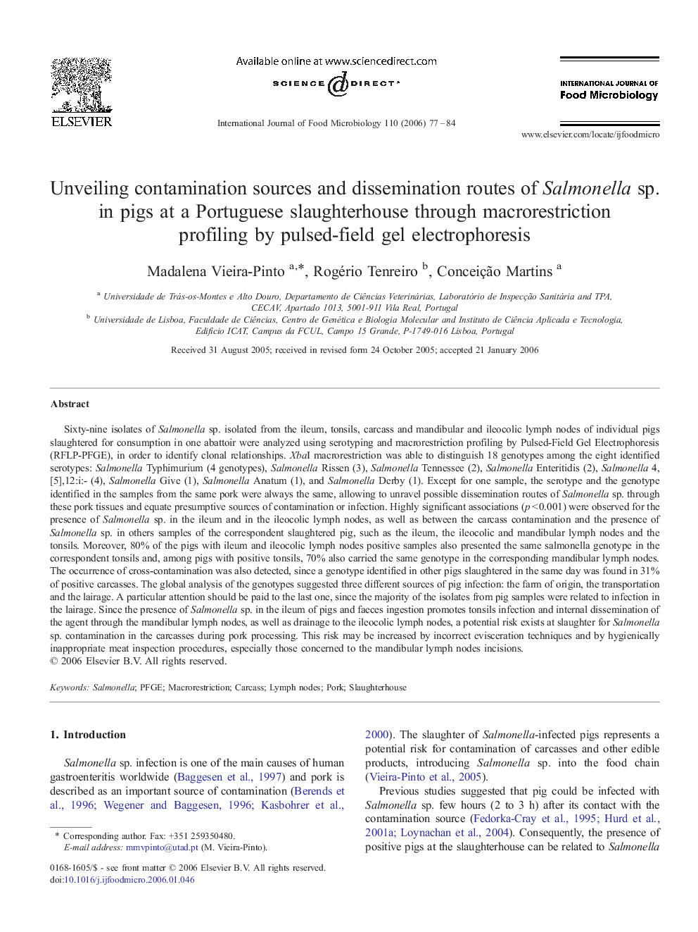 Unveiling contamination sources and dissemination routes of Salmonella sp. in pigs at a Portuguese slaughterhouse through macrorestriction profiling by pulsed-field gel electrophoresis