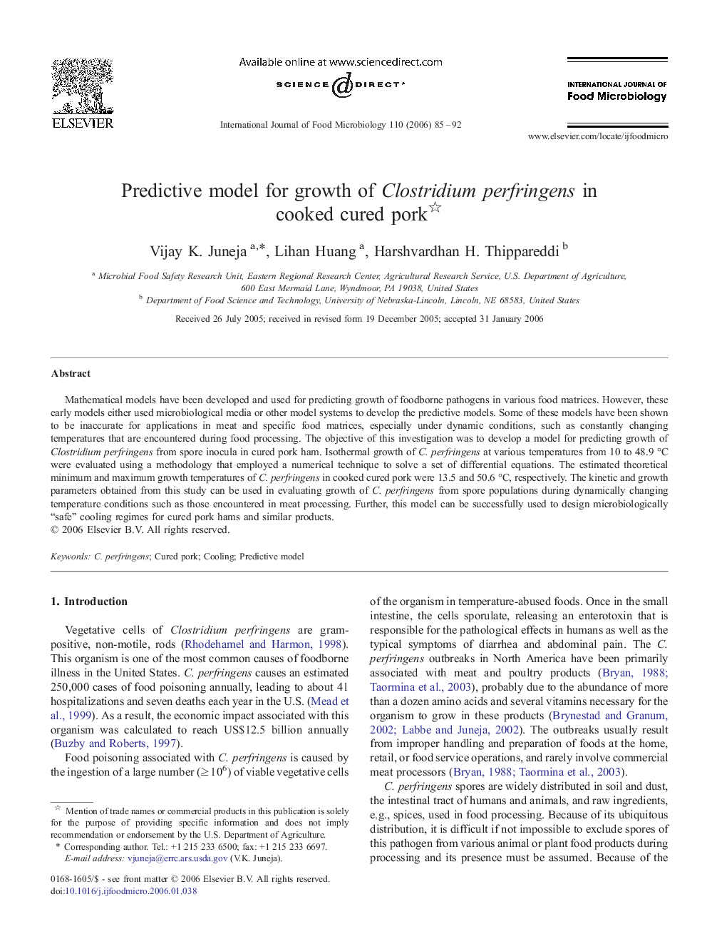 Predictive model for growth of Clostridium perfringens in cooked cured pork 