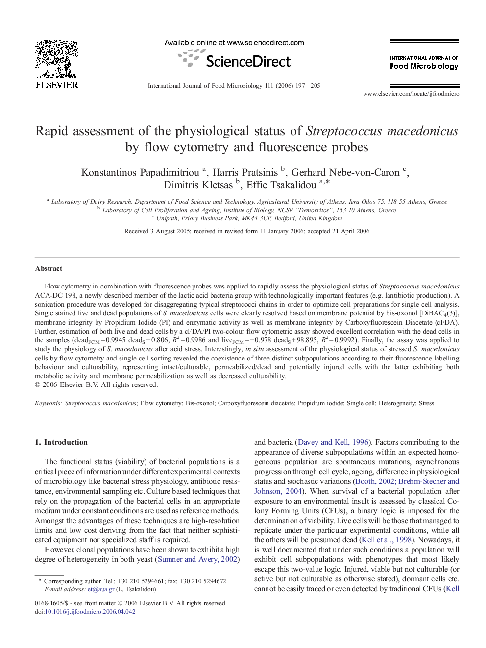 Rapid assessment of the physiological status of Streptococcus macedonicus by flow cytometry and fluorescence probes