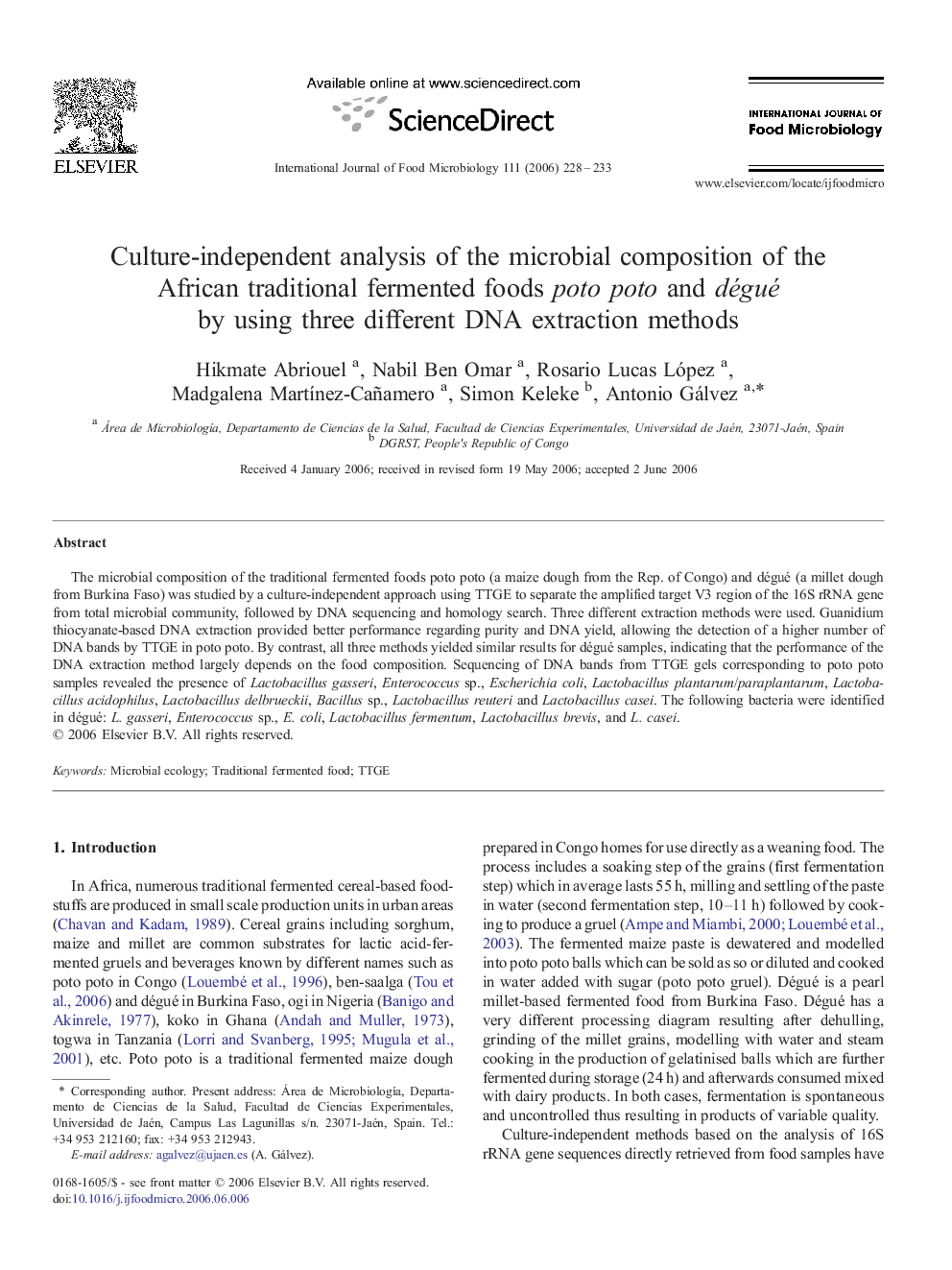 Culture-independent analysis of the microbial composition of the African traditional fermented foods poto poto and dégué by using three different DNA extraction methods