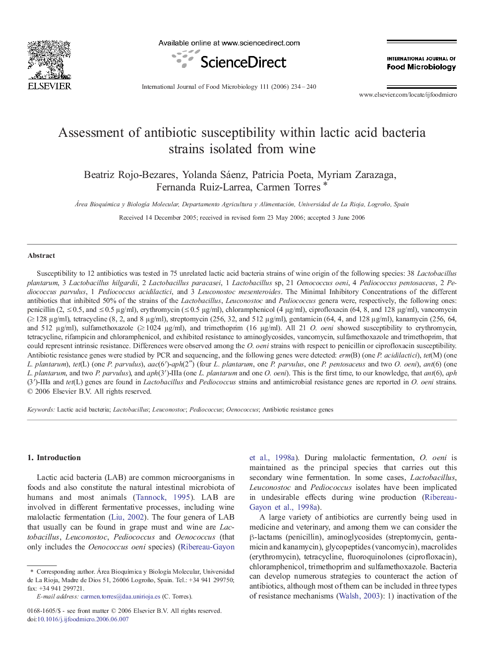 Assessment of antibiotic susceptibility within lactic acid bacteria strains isolated from wine