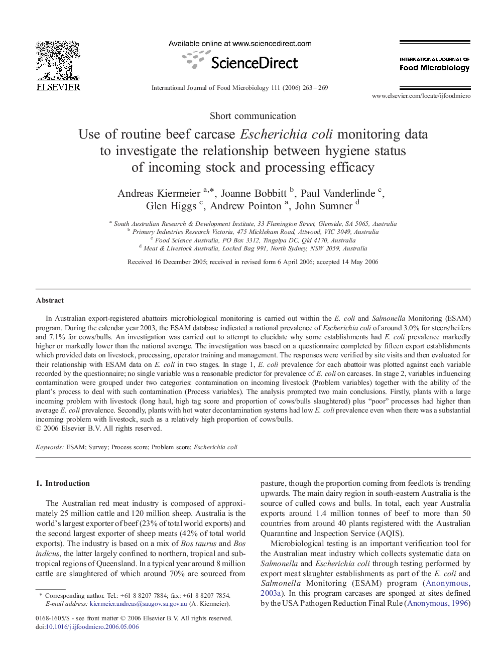 Use of routine beef carcase Escherichia coli monitoring data to investigate the relationship between hygiene status of incoming stock and processing efficacy