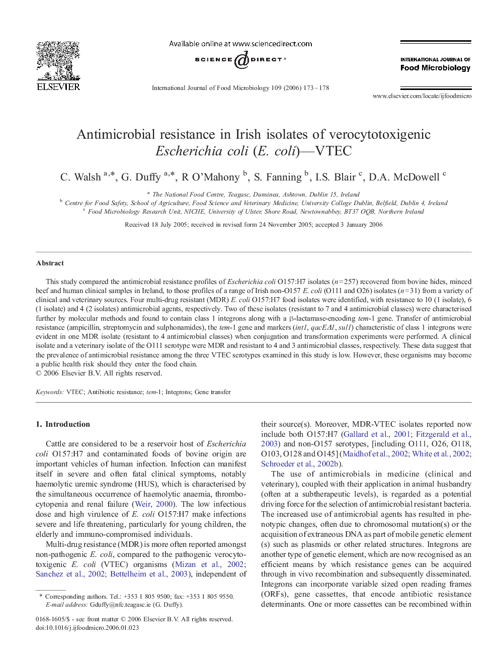 Antimicrobial resistance in Irish isolates of verocytotoxigenic Escherichia coli (E. coli)—VTEC