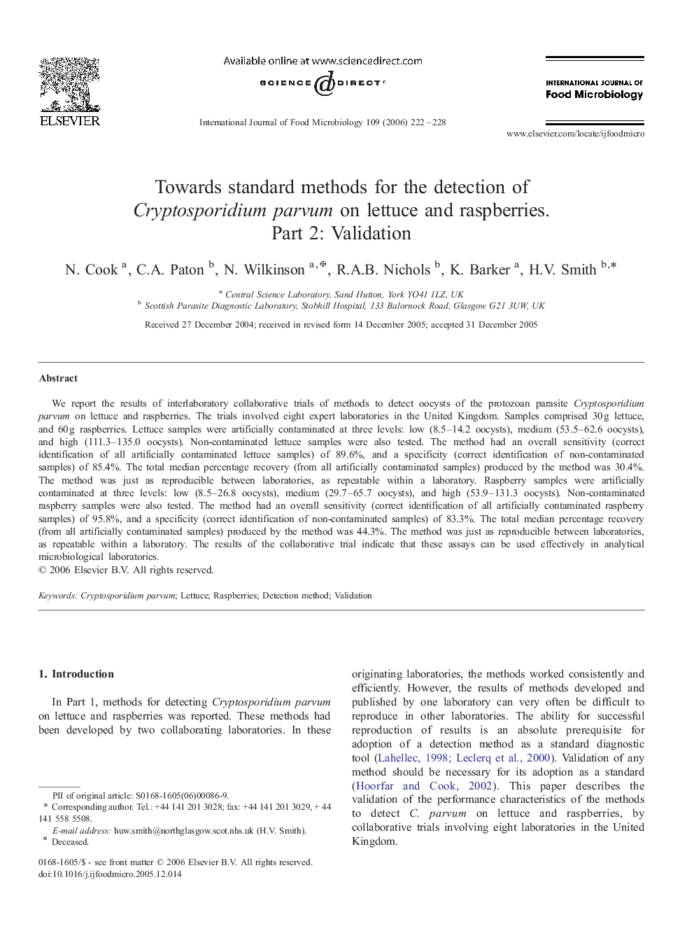 Towards standard methods for the detection of Cryptosporidium parvum on lettuce and raspberries. Part 2: Validation