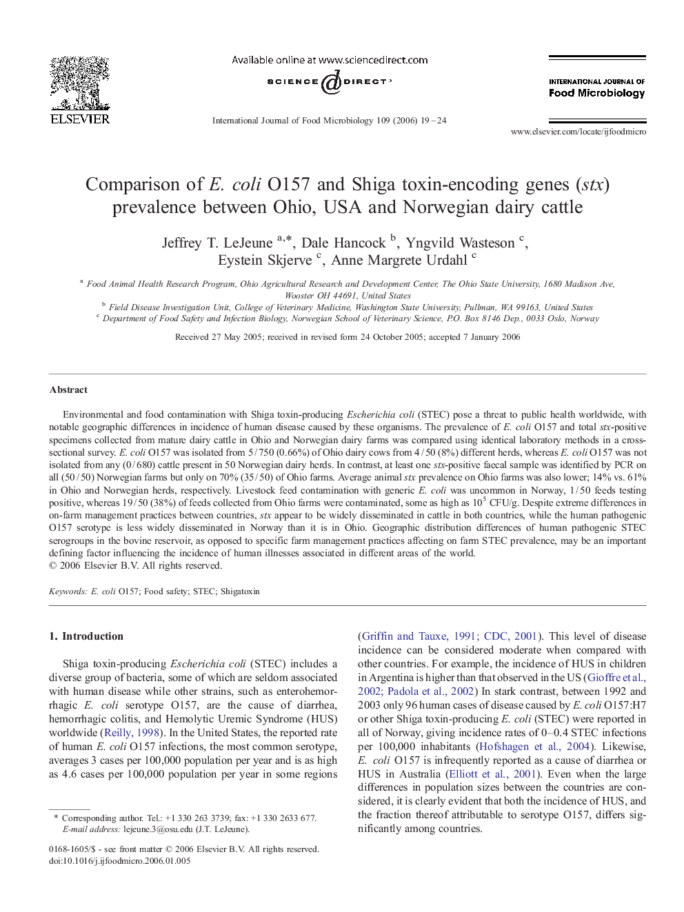 Comparison of E. coli O157 and Shiga toxin-encoding genes (stx) prevalence between Ohio, USA and Norwegian dairy cattle