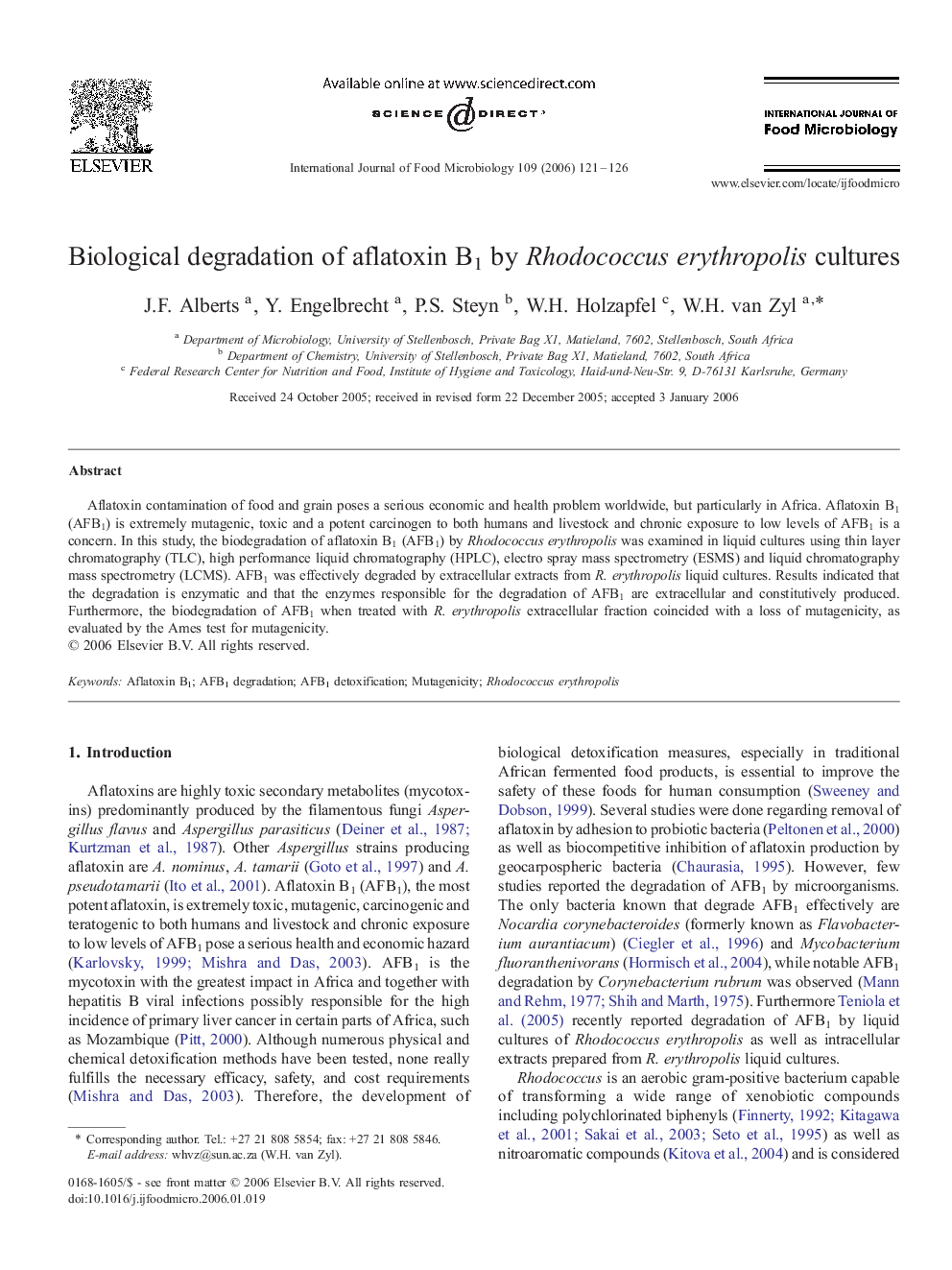 Biological degradation of aflatoxin B1 by Rhodococcus erythropolis cultures