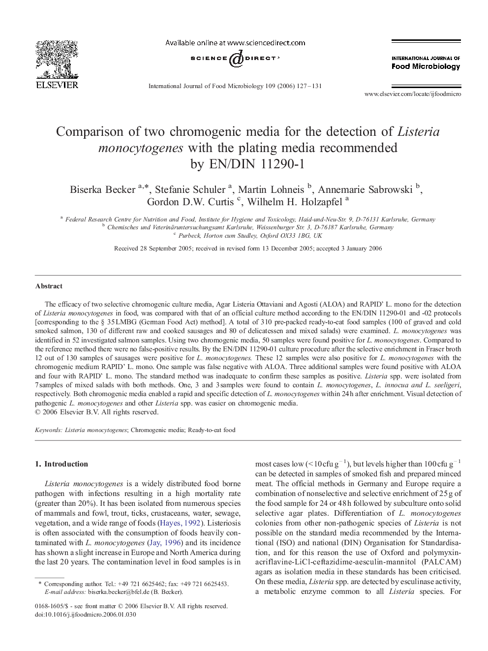 عکس صفحه اول مقاله: Comparison of two chromogenic media for the detection of Listeria monocytogenes with the plating media recommended by EN/DIN 11290-1 Comparison of two chromogenic media for the detection of Listeria monocytogenes with the plating media recommended by EN/DIN 11290-1