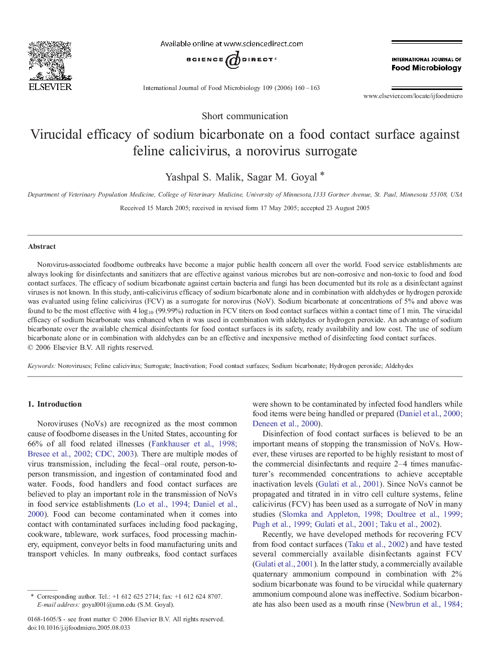 Virucidal efficacy of sodium bicarbonate on a food contact surface against feline calicivirus, a norovirus surrogate