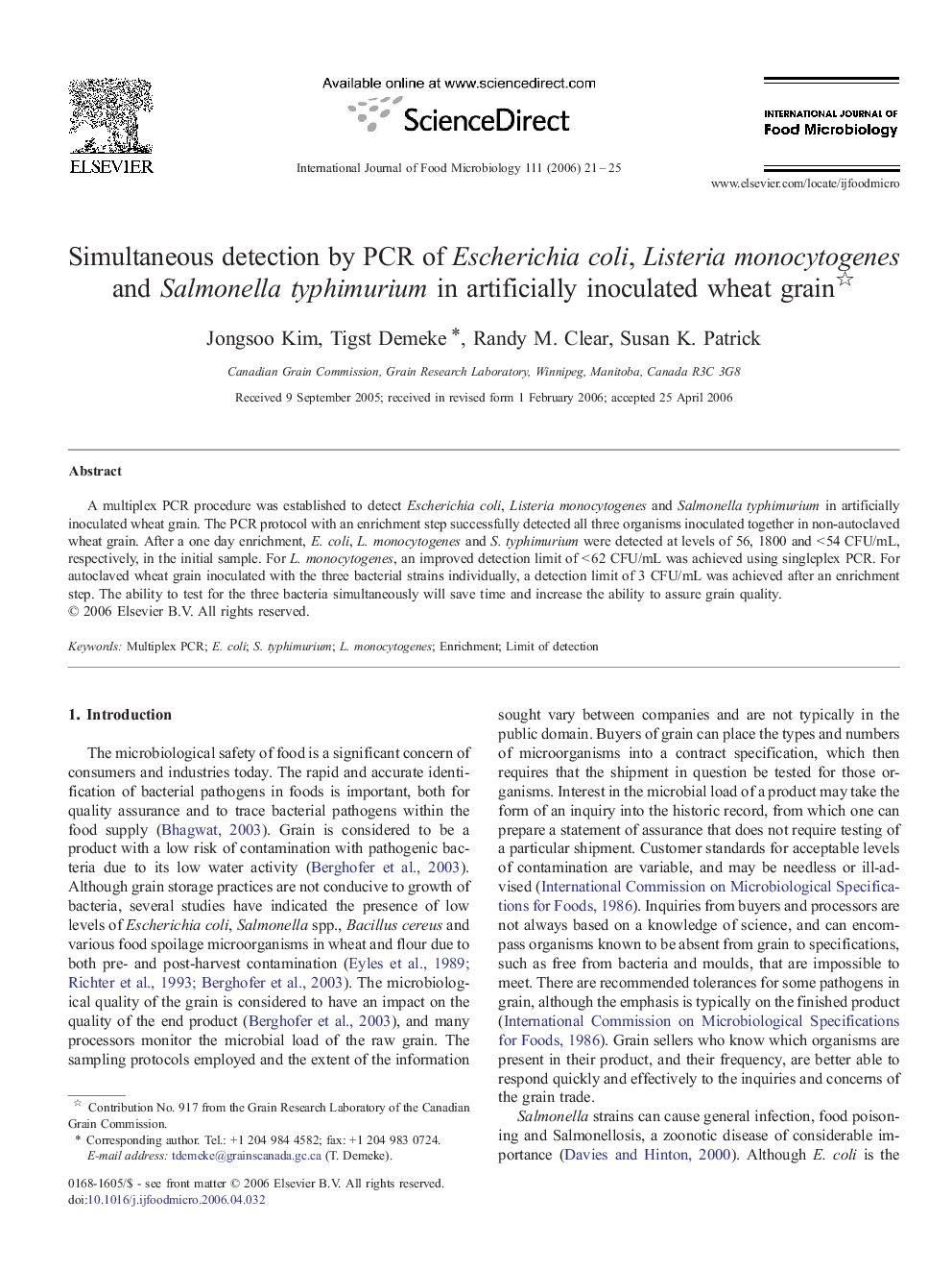 Simultaneous detection by PCR of Escherichia coli, Listeria monocytogenes and Salmonella typhimurium in artificially inoculated wheat grain 