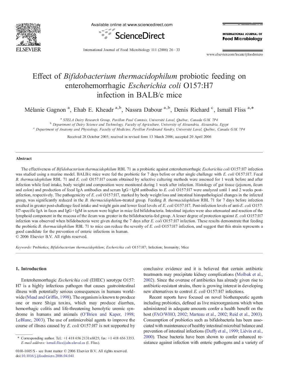 Effect of Bifidobacterium thermacidophilum probiotic feeding on enterohemorrhagic Escherichia coli O157:H7 infection in BALB/c mice