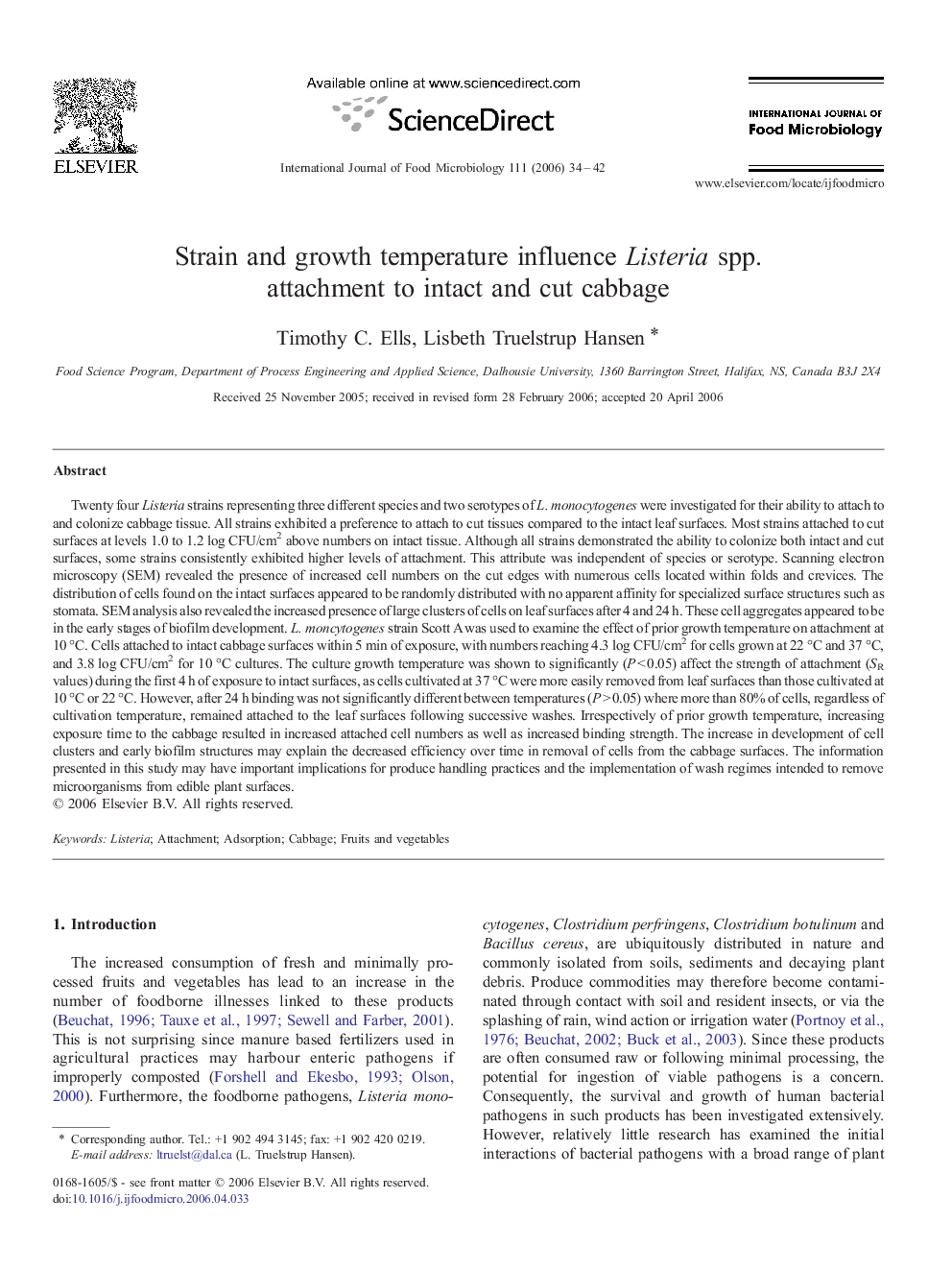 Strain and growth temperature influence Listeria spp. attachment to intact and cut cabbage