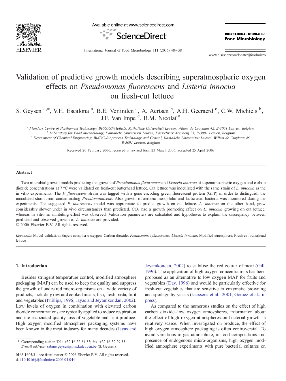 Validation of predictive growth models describing superatmospheric oxygen effects on Pseudomonas fluorescens and Listeria innocua on fresh-cut lettuce