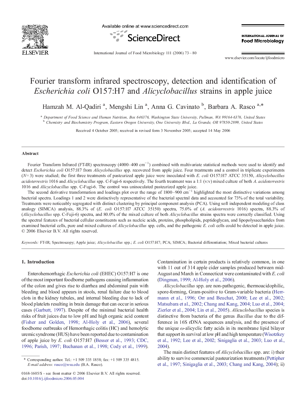 Fourier transform infrared spectroscopy, detection and identification of Escherichia coli O157:H7 and Alicyclobacillus strains in apple juice