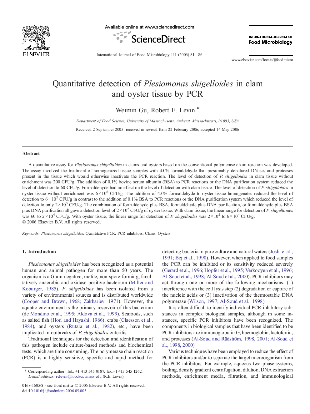 Quantitative detection of Plesiomonas shigelloides in clam and oyster tissue by PCR