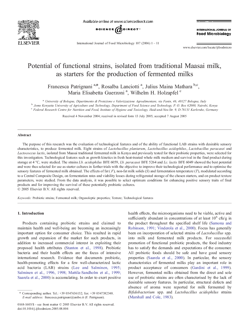 Potential of functional strains, isolated from traditional Maasai milk, as starters for the production of fermented milks