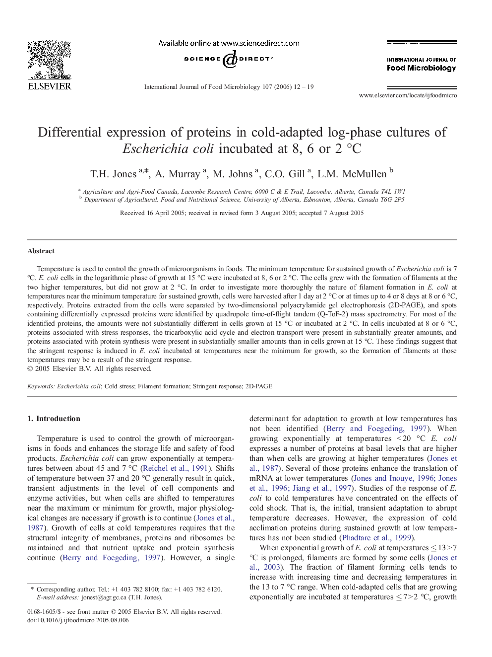 Differential expression of proteins in cold-adapted log-phase cultures of Escherichia coli incubated at 8, 6 or 2 °C