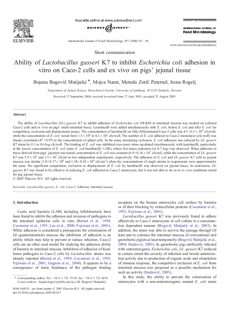 Ability of Lactobacillus gasseri K7 to inhibit Escherichia coli adhesion in vitro on Caco-2 cells and ex vivo on pigs' jejunal tissue