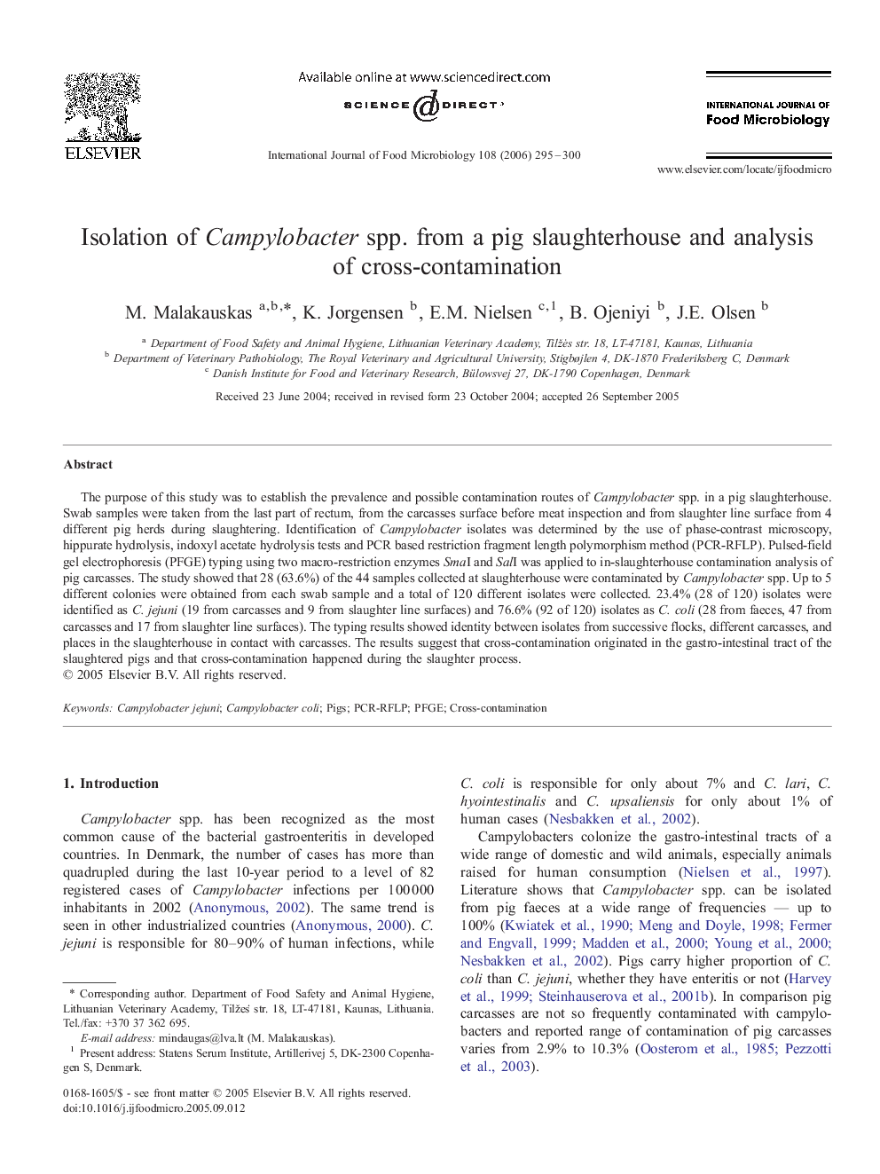 Isolation of Campylobacter spp. from a pig slaughterhouse and analysis of cross-contamination