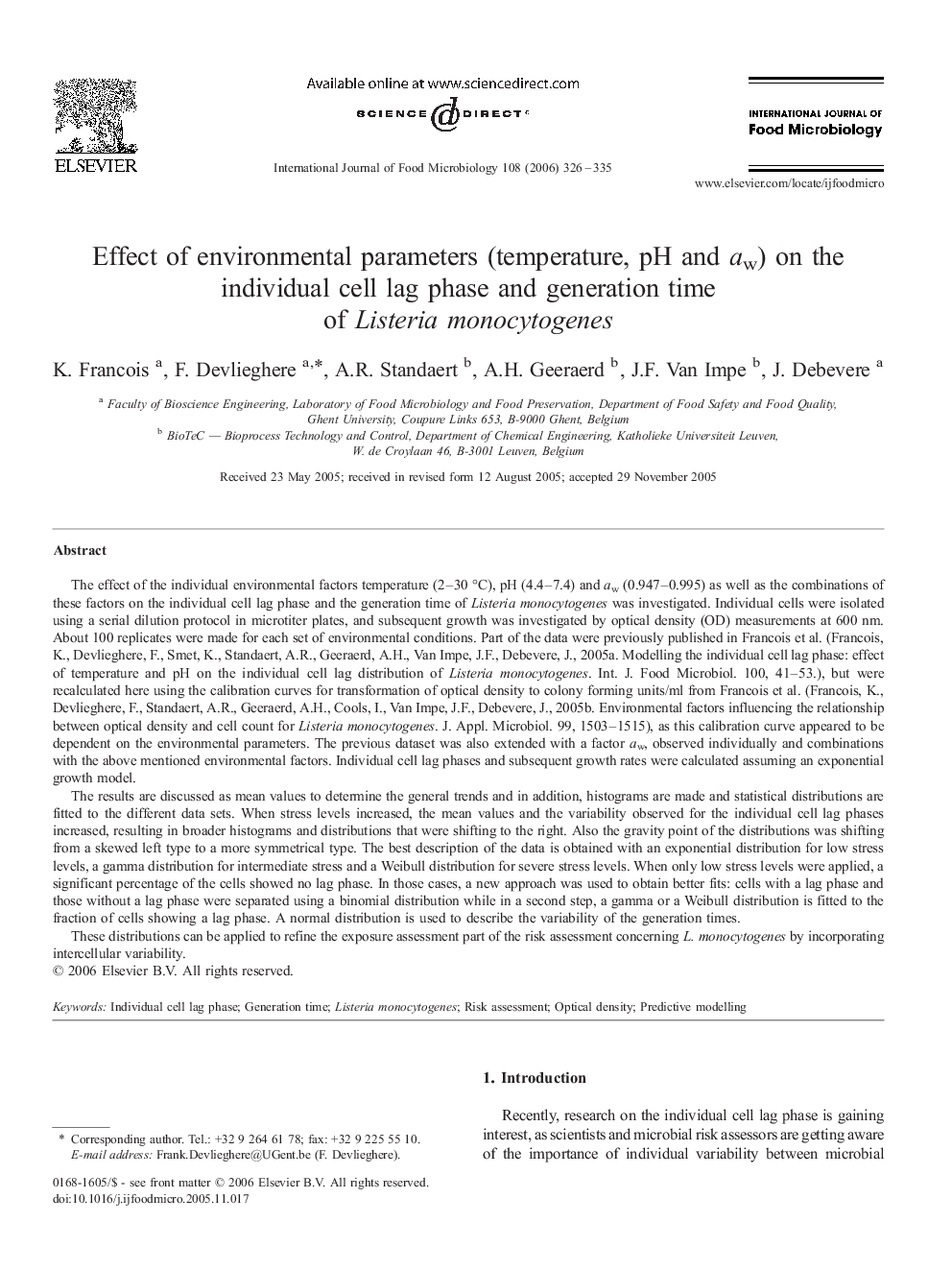 Effect of environmental parameters (temperature, pH and aw) on the individual cell lag phase and generation time of Listeria monocytogenes