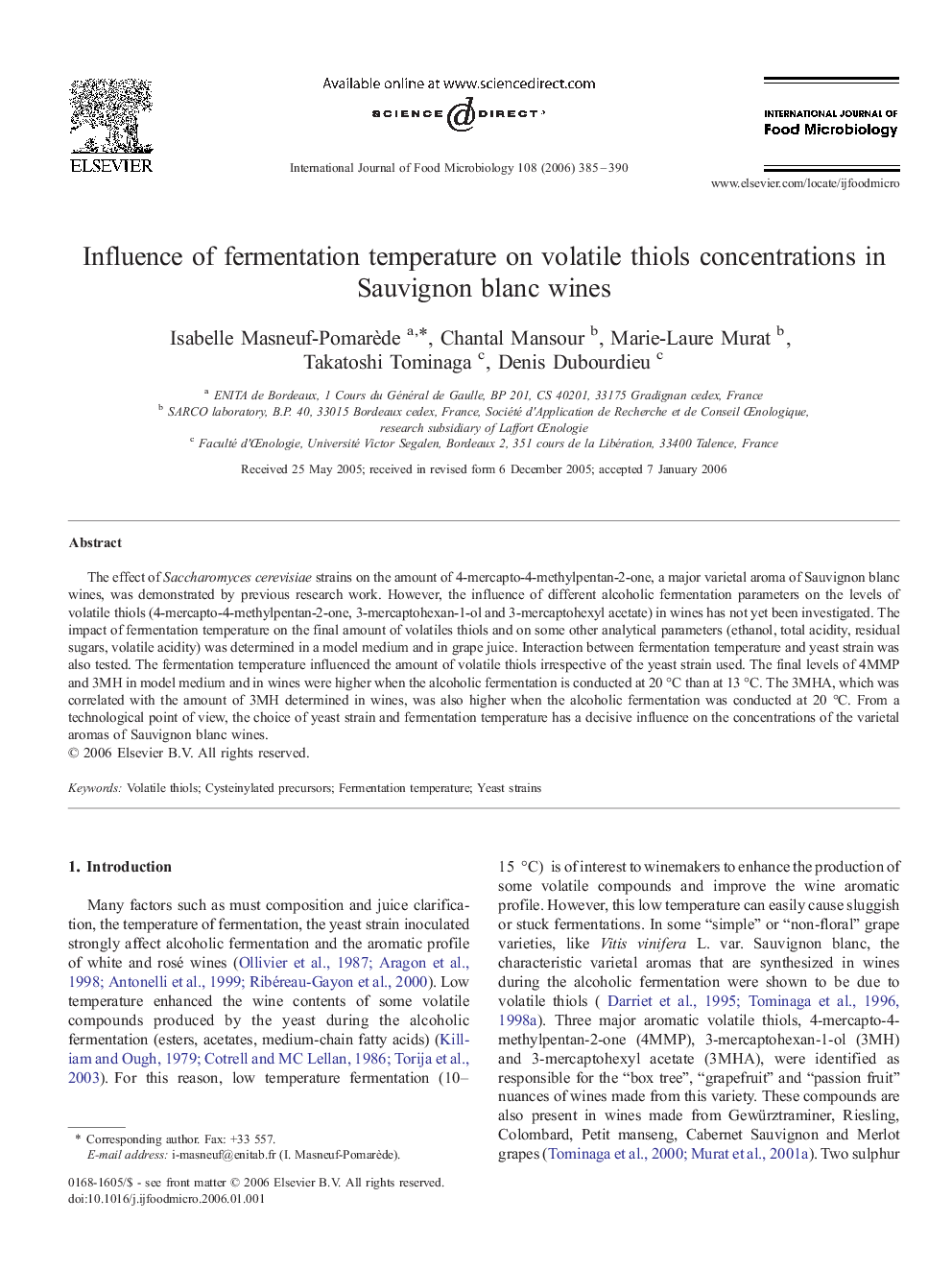 Influence of fermentation temperature on volatile thiols concentrations in Sauvignon blanc wines