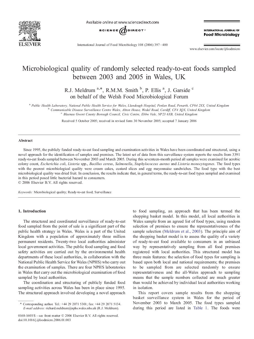 Microbiological quality of randomly selected ready-to-eat foods sampled between 2003 and 2005 in Wales, UK