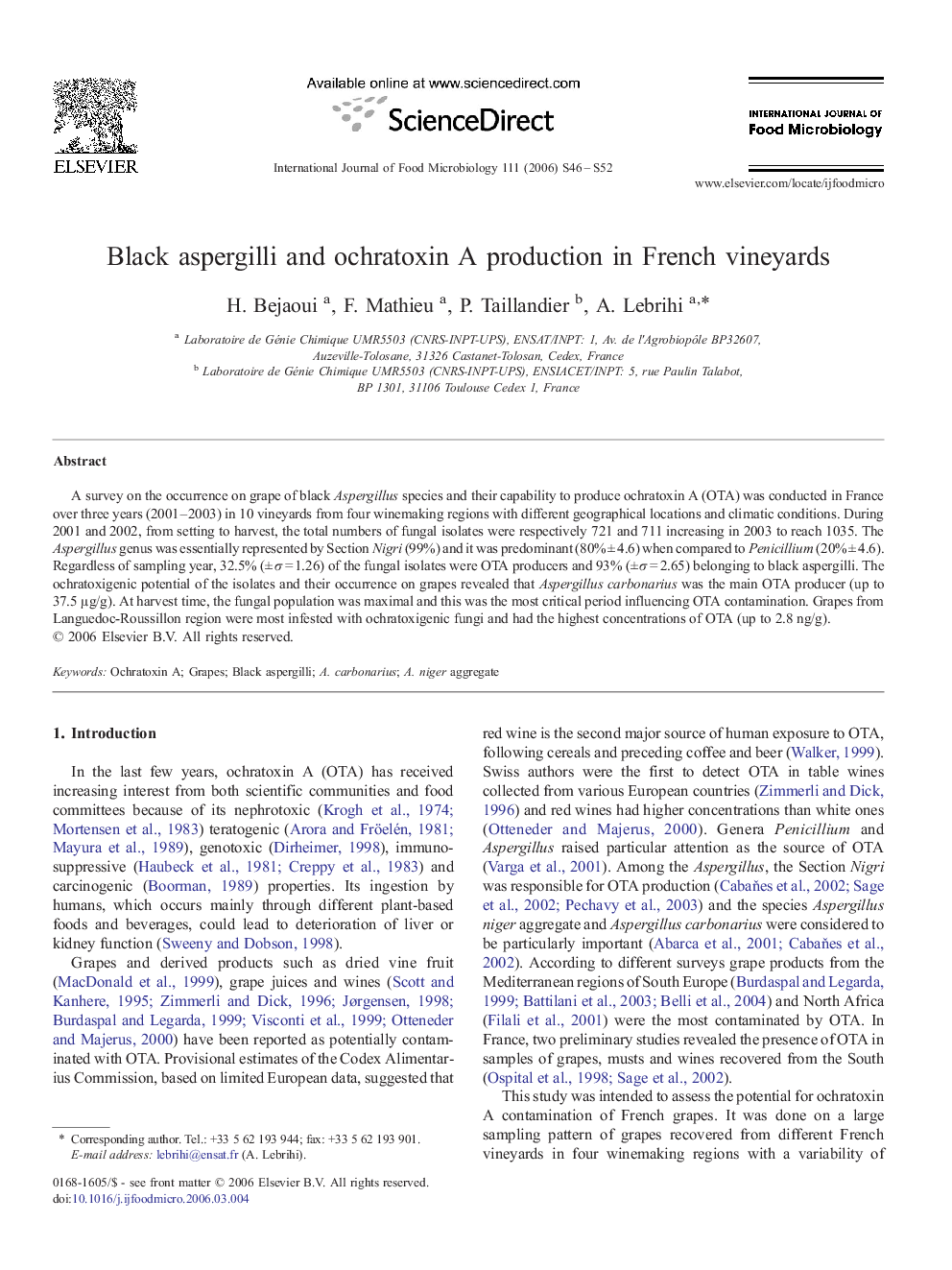 Black aspergilli and ochratoxin A production in French vineyards