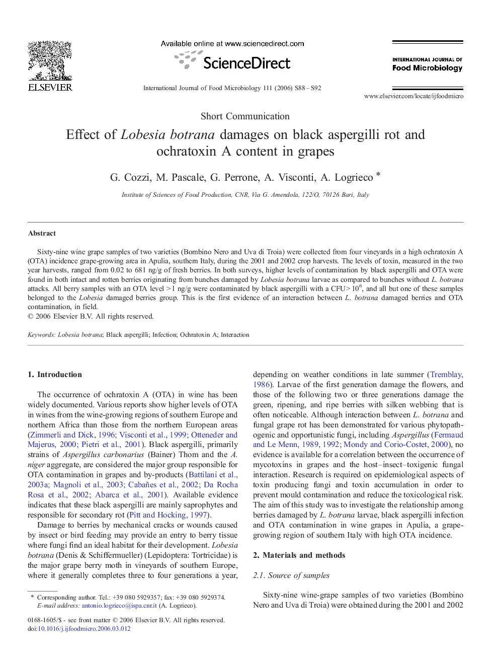 Effect of Lobesia botrana damages on black aspergilli rot and ochratoxin A content in grapes