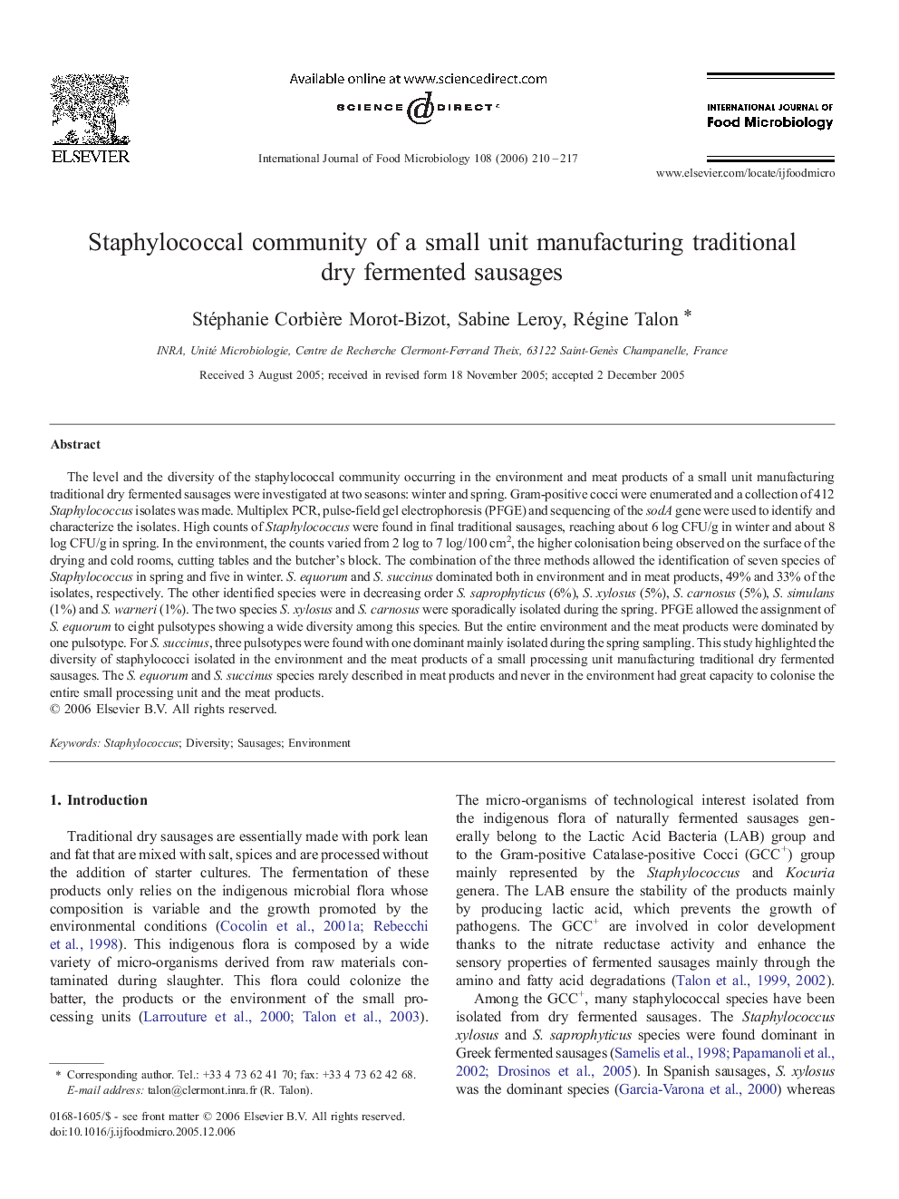 Staphylococcal community of a small unit manufacturing traditional dry fermented sausages