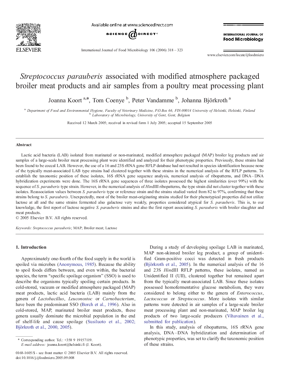 Streptococcus parauberis associated with modified atmosphere packaged broiler meat products and air samples from a poultry meat processing plant