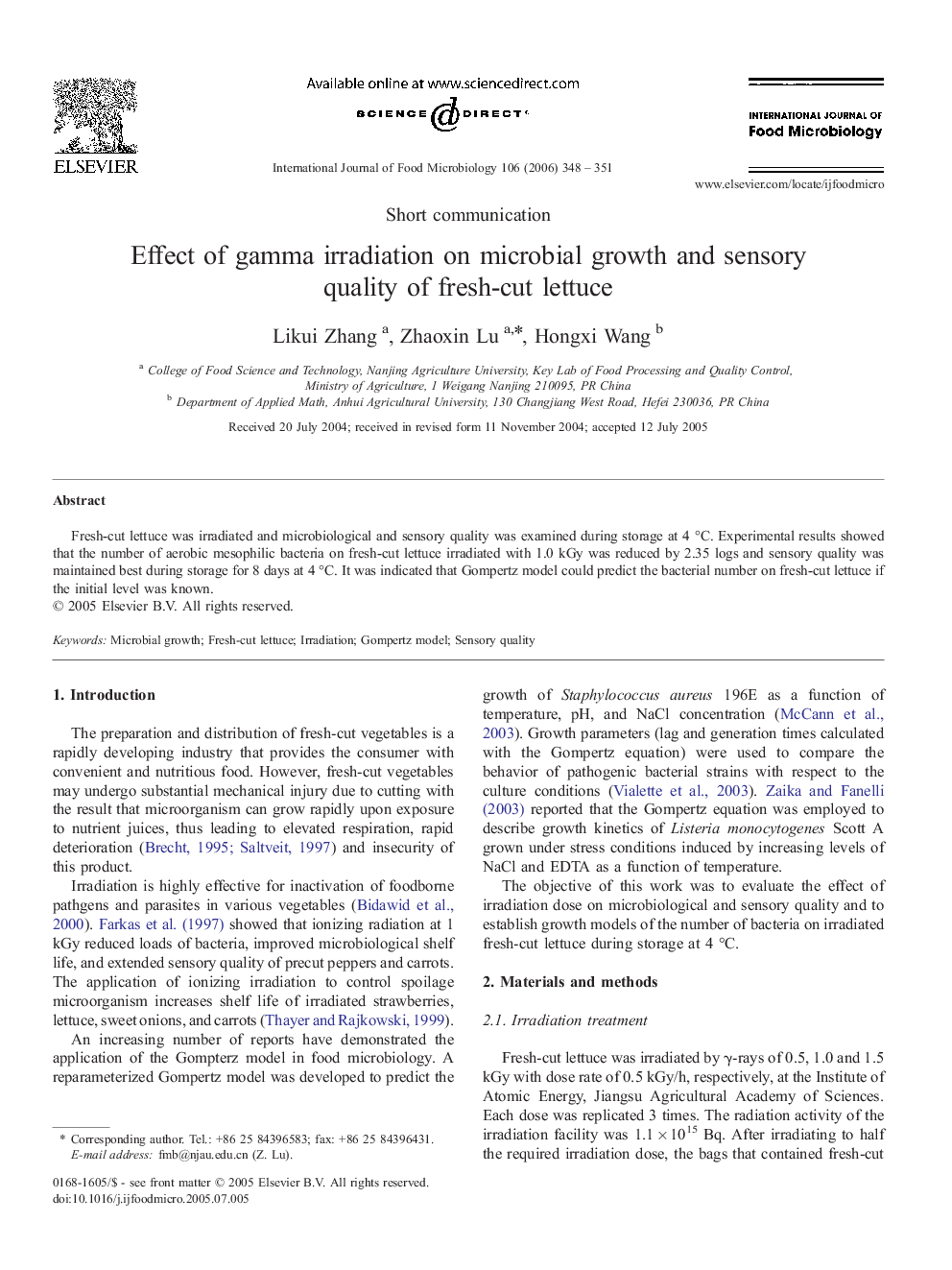 Effect of gamma irradiation on microbial growth and sensory quality of fresh-cut lettuce