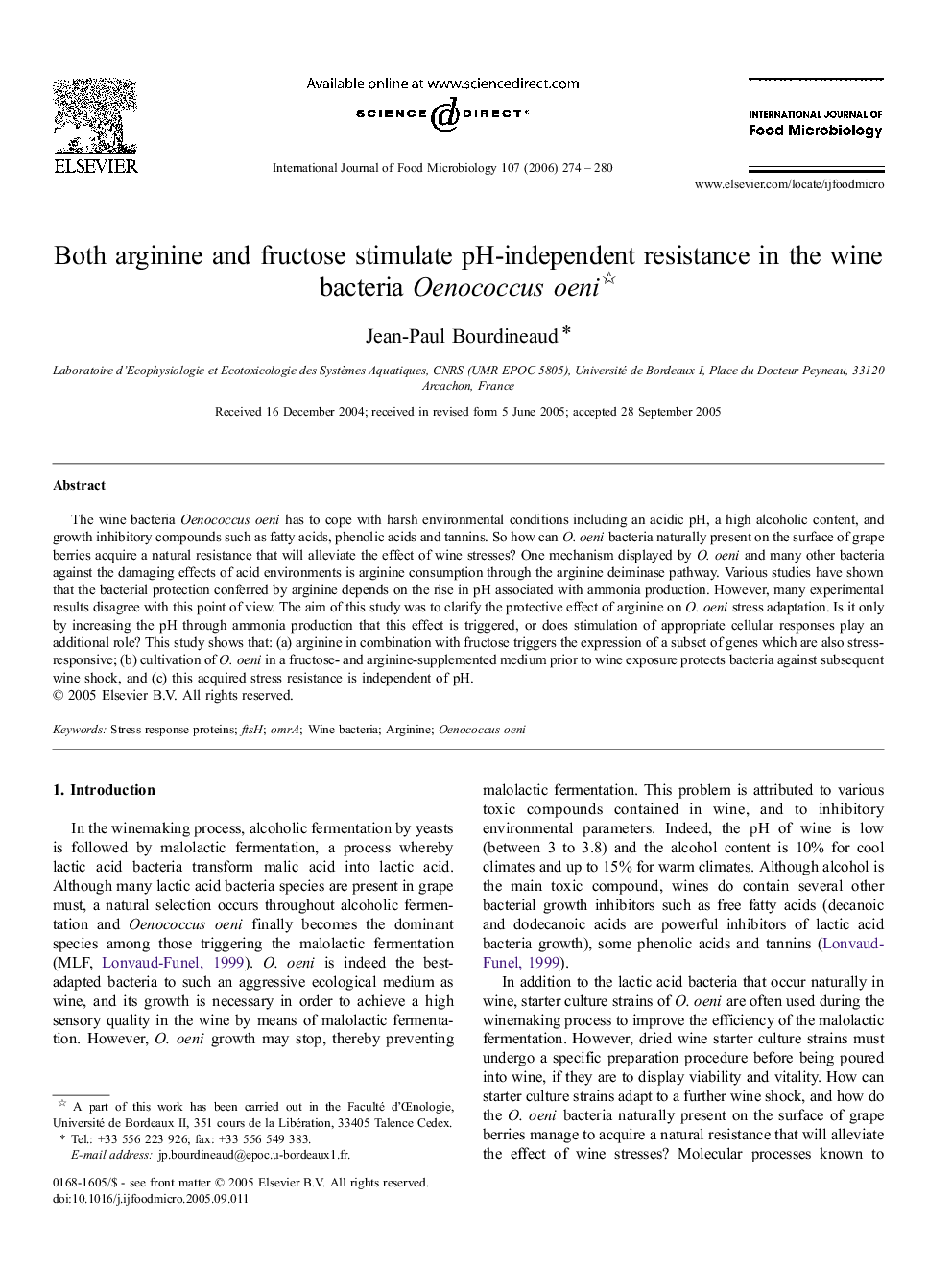 Both arginine and fructose stimulate pH-independent resistance in the wine bacteria Oenococcus oeni 