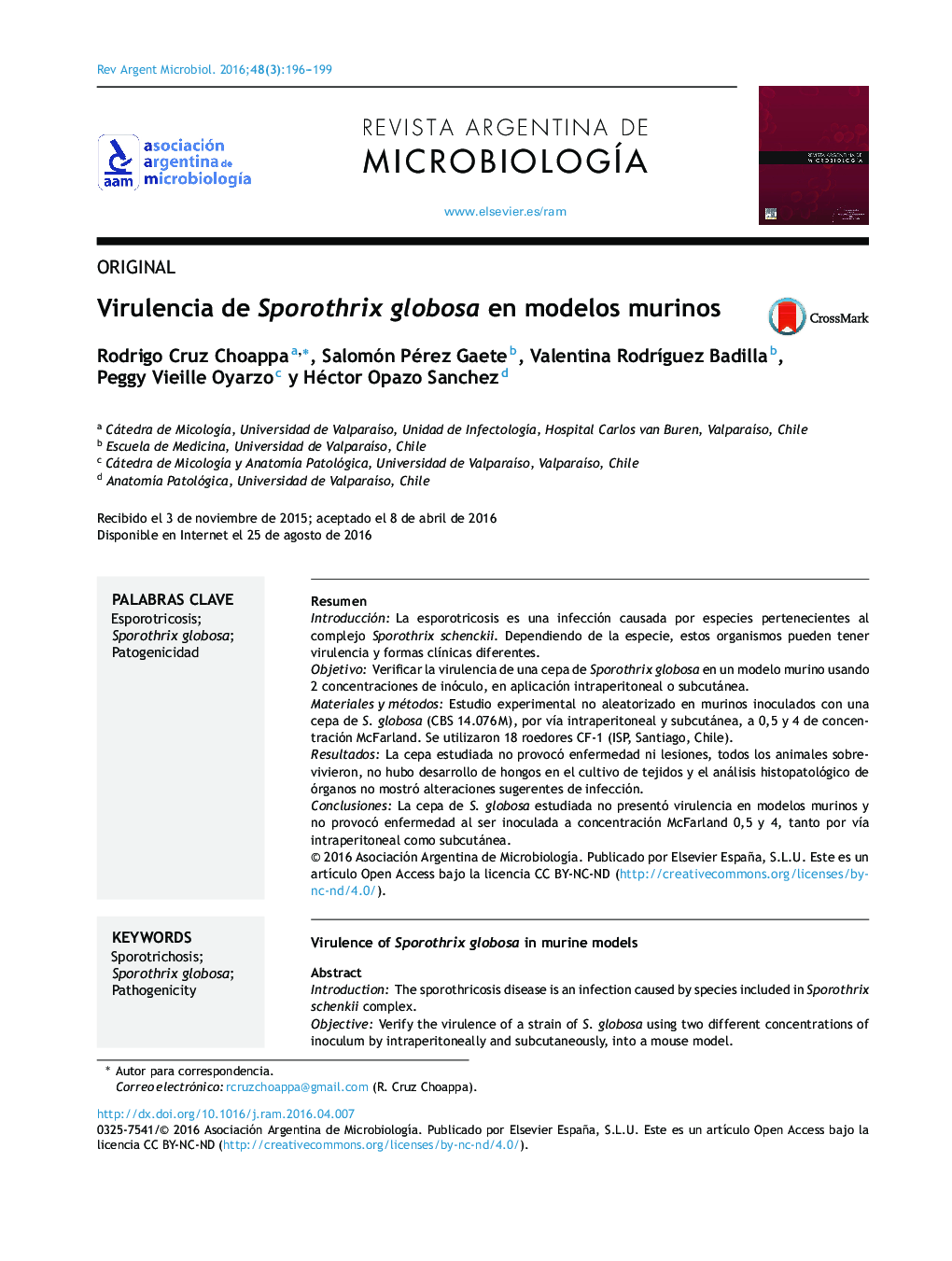 عکس صفحه اول مقاله: Virulencia de Sporothrix globosa en modelos murinos Virulencia de Sporothrix globosa en modelos murinos