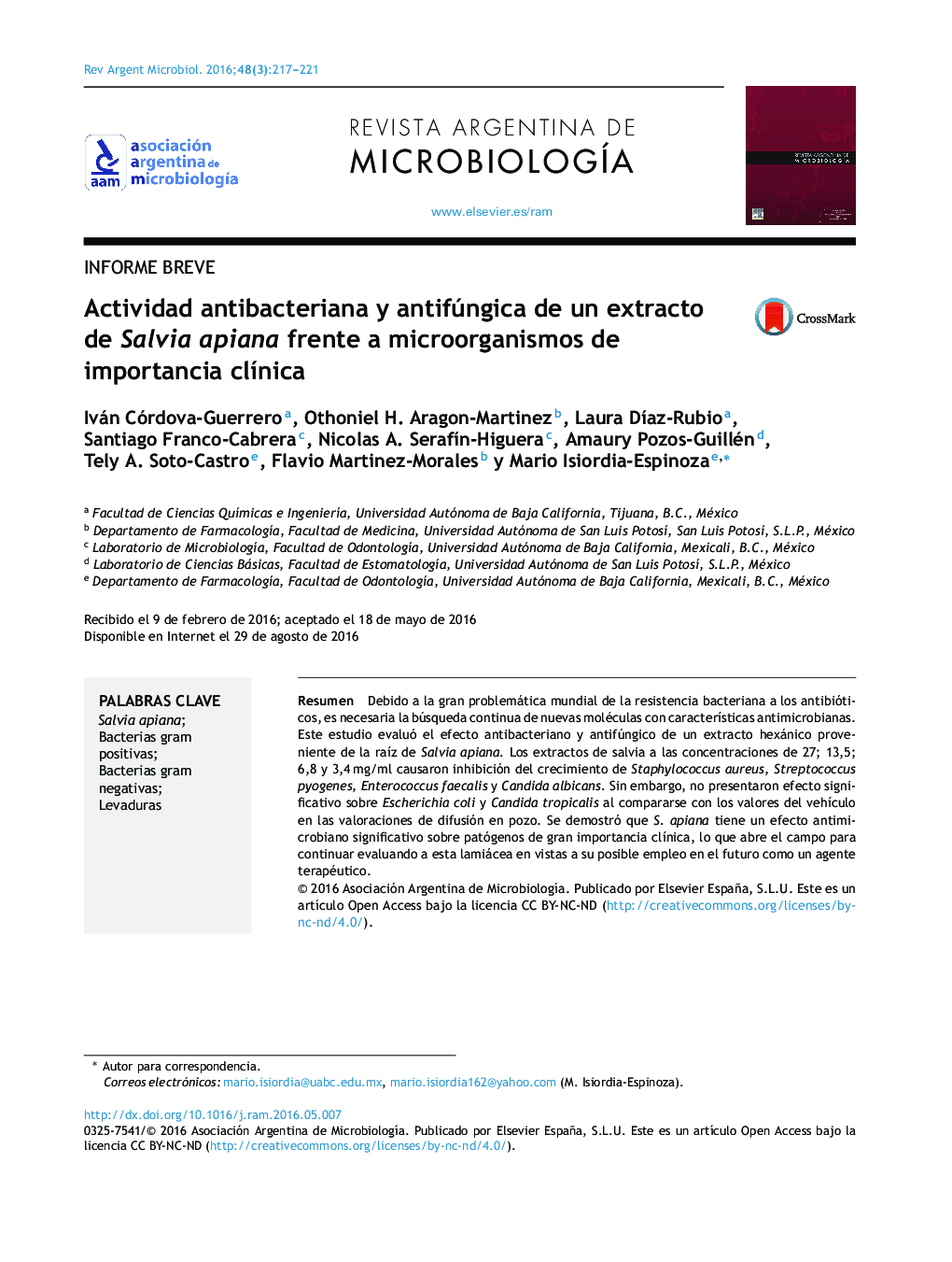 Actividad antibacteriana y antifúngica de un extracto de Salvia apiana frente a microorganismos de importancia clínica