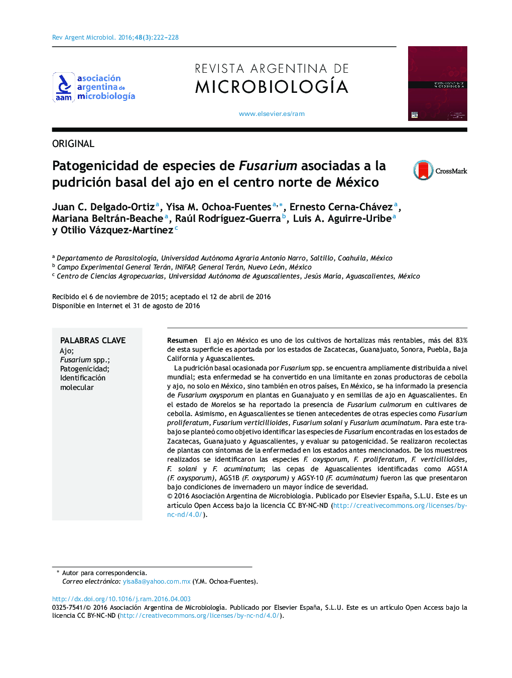 Patogenicidad de especies de Fusarium asociadas a la pudrición basal del ajo en el centro norte de México