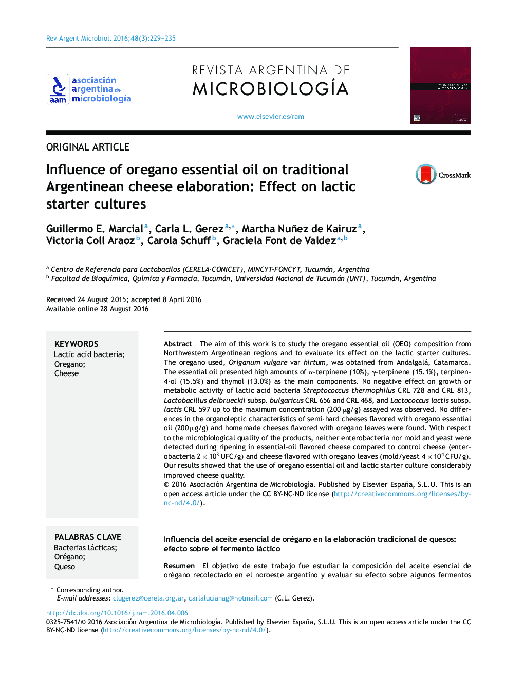 Influence of oregano essential oil on traditional Argentinean cheese elaboration: Effect on lactic starter cultures